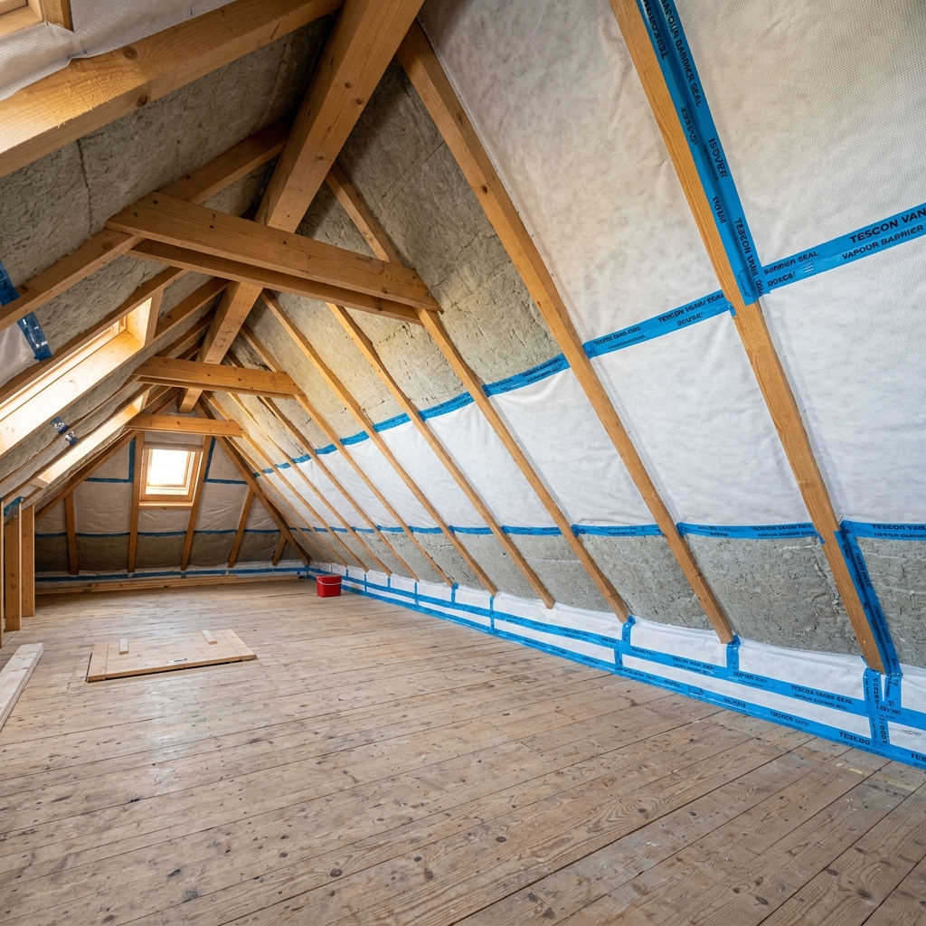 Утеплене горище після монтажу вати та паробар'єру